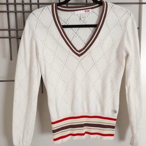 Lija White V-Neck Knit Sweater with Brown & Red Trim